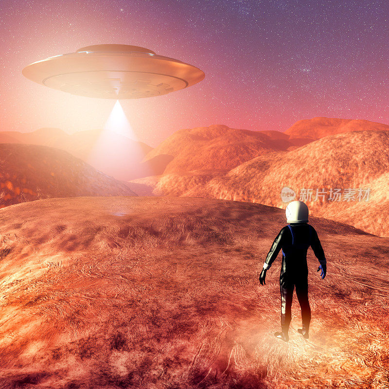 Astronaut on distant planet discovering UFO